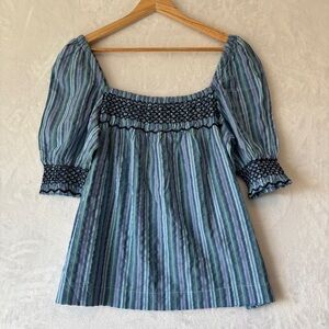 Faherty womens blue stripe smock Presley Puff Sleeve Embroidered Top size‎ small
